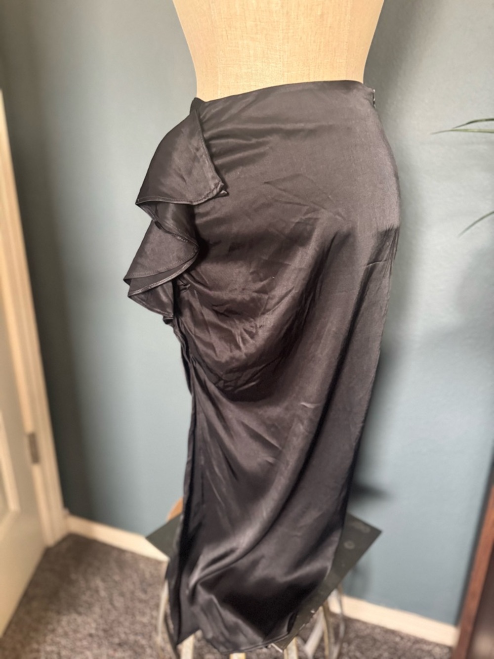 Zara Black Satin Maxi Skirt with Side Ruffle and slit